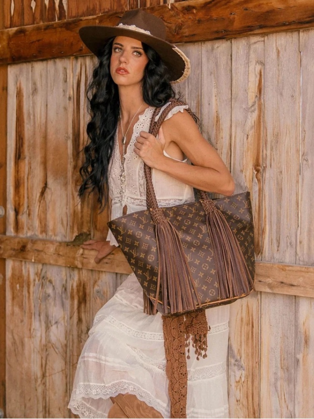 Louis Vuitton Brown Monogram Fringe Tote vintage boho bag